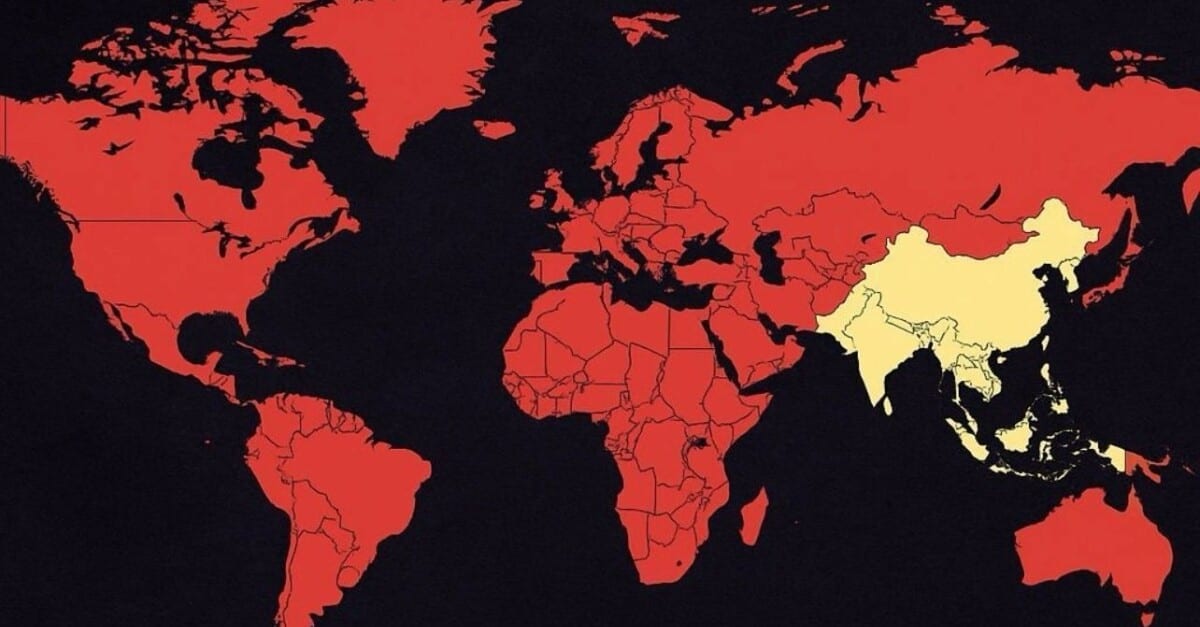 World map with Asia highlighted, the hemisphere holding half the world's population